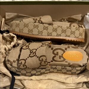 Gucci Tan Monogram Platform Slides